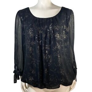 Classy Noir Black Gold Floral Foil Pleated Sheer Blouse Tie Cuff Large